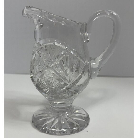 Vintage Crystal Footed Creamer 5.5" Etched Cut Glass Small Water Pitcher - Picture 1 of 4
